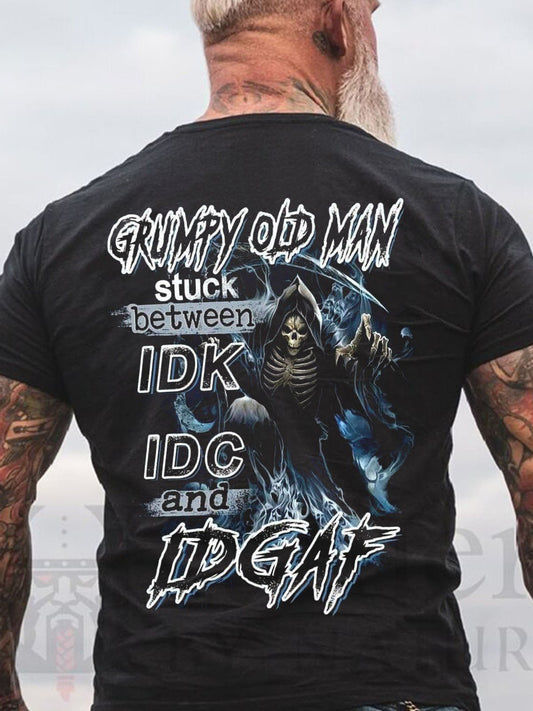 Men's Grumpy Old Man Stuck Between IDK, IDC and IDGAF T-Shirt - K&L Trending Products