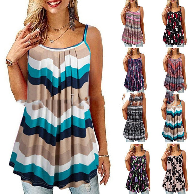 Women's Printed Pleated Wide Hem Loose Camisole - K&L Trending Products